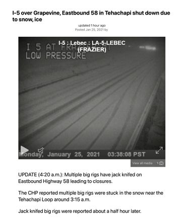 As it turned out, this was to be a good decision as Interstate 5 over the Sierra Nevadas to Los Angeles was closed due to snow and ice. 
