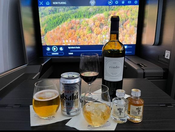 I love this wine from Kenzo!  Hibiki 17 little bottles on the LAX route.  And of course my Asahi to wash it all down! 