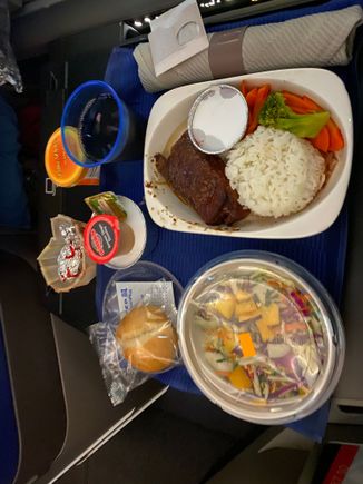 UA960 EWR to FRA. Beef was good esp with the sauce.  cold nuts and packaged bread is a no In any business class. Salad nothing great. The mango sorbet is not really up to scratch but ok. 