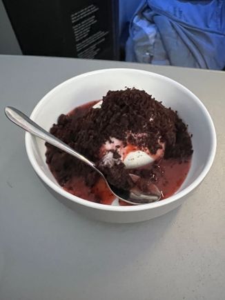 Gelato with strawberry jam and cake crumbs was really good!