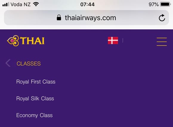 TG’s Danish webpage on available cabin classes - no Premium Economy offered.
