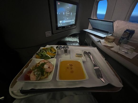 Apps all on one tray. The FA showed us both the shrimp and the beets. My silverware originally came without a spoon. Soup was okay; the prior offerings were better. 