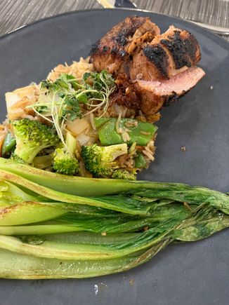 Char sis BBQ pork tenderloin, bok choy, fried rice 