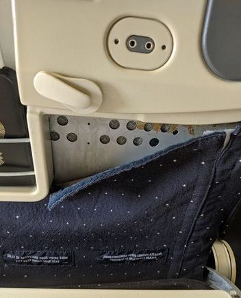 Ripped lining of the back of seat in front of mine