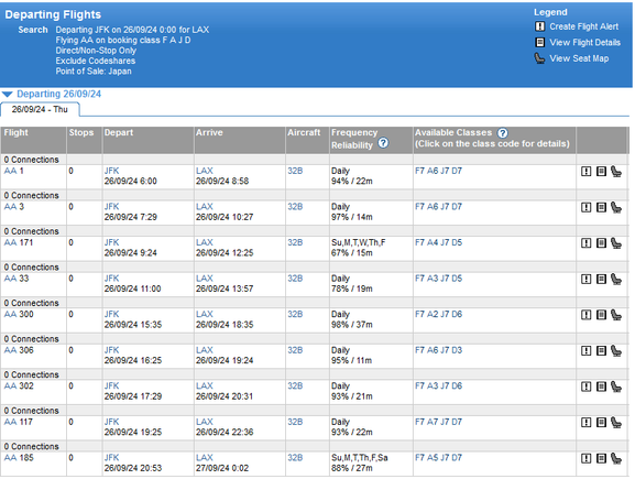 ExpertFlyer showing A availability