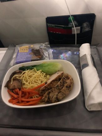 LAX-BOS redeye, more chicken. Was OK but expected a bit more (maybe a piece of bread, plated dessert?) on a transcon 