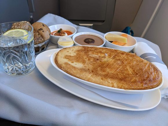 BA Club World main meal LHR – DXB, October 2022
“Roasted cauliflower; chicken, leek and mushroom pie; chocolate mousse; cheese board”
