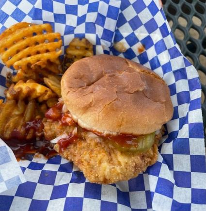 Iowa pork tenderloin and waffle fries from Chuckie’s food truck at the Cubs game today. 