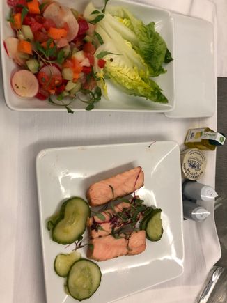 Surprisingly decent salmon- even thought about asking for another. Didn’t touch the salad as it was quite unappealing. 