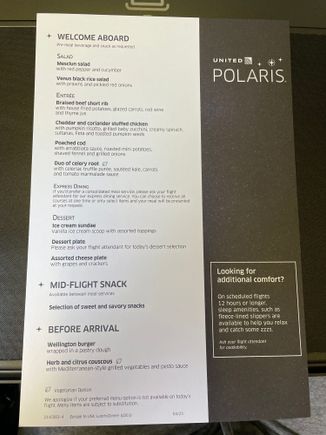 Just boarded #47, FRA-IAH. Here is the April menu