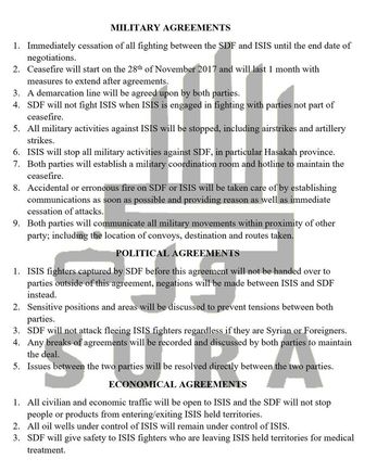 English translation :  US Backed SDF negotiates ceasefire with ISIS in Hasakah, Northern Syria to prevent hostilities between the two forces in specified areas. ISIS is permitted to attack Syrian government from their territories under ceasefire with SDF.