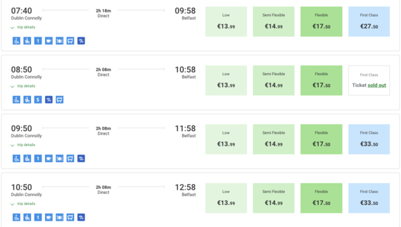Dublin - Belfast booking screenshot from Irish Rail website