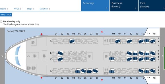 Search Business fare without GPU shows seatmap, and three columns of fares, lowest Y, Business upgrade eligible, and Business 