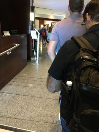 This is the line to the main Admirals Club, after I had already been waiting for a bit (the line was longer when I first arrived).  This is ridiculous.  At least there should be two lines: one for flight changes and one to just get in.