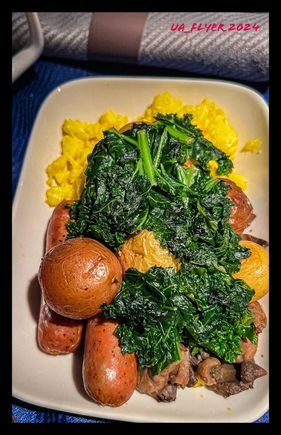 Pre-arrival breakfast - scramble eggs with kale/potatoes/chicken sausage