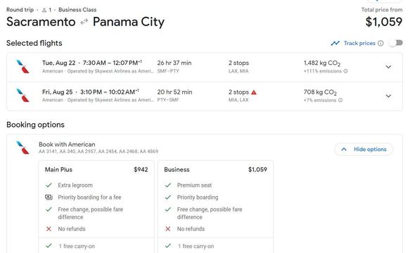Sacramento to Panama vis LAX & MIA (440 TP)