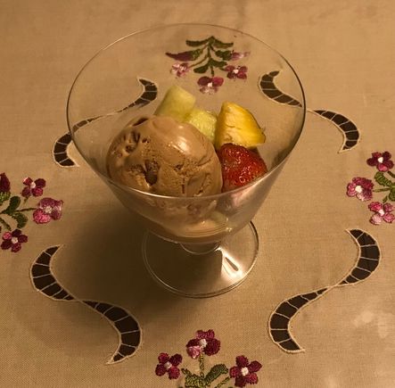 Les Amis Blue Mountain coffee ice cream , Japanese melon , Korean strawberries and Thai pineapple 