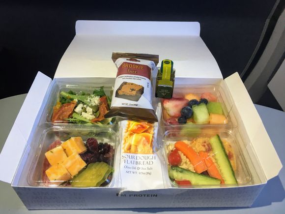 CLT-PHX 1-18-20
Really impressed with this 1st class ‘Protein Box’. 1st day of rollout. Comprised of atleast 21 different items. Very well thought out, quite filling.
