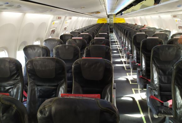 First impression of the single class cabin of a Pegasus Airlines flight 