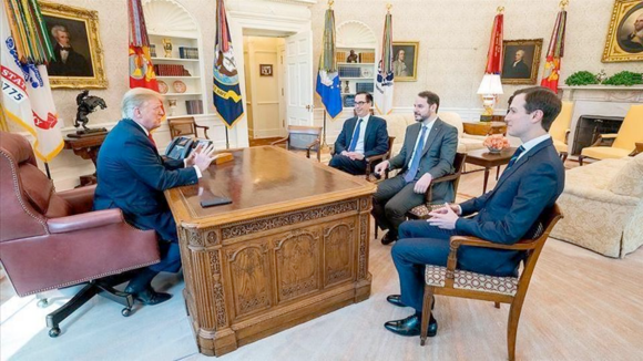 Turkish Treasury and Finance Minister Berat Albayrak holding a meeting with US President Donald Trump at the Oval Office on April 15, 2019