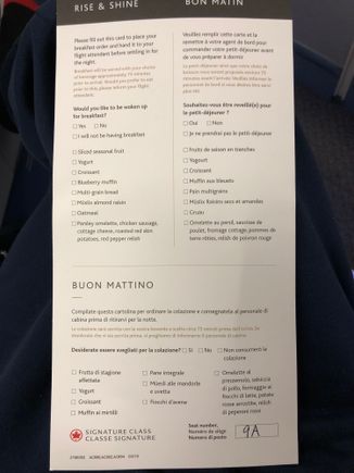 Just boarded AC 890 to Rome - here is breakfast menu