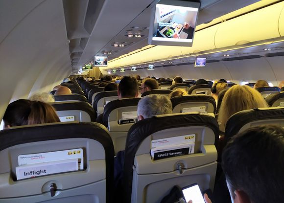 Interior of a SWISS flight on the Geneva to Zurich segment 