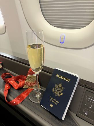 Predeparture champagne, but not Krug. One unexpected thing for me about the seat was the windowshade function. By pressing the button below the window, a soft screen and then a darker opaque screen came down over the windows, a much more elegant presentation than normal window shades. It's the first time I've seen anything like it, and I may or may not have spent a few minutes just drawing the blinds up and down!