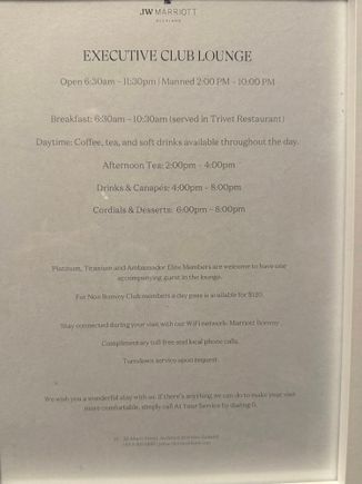 JW Marriott Auckland Exec Lounge posted details as of Dec 2025.