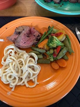 With cacio e pepe and stir fried vegetables 