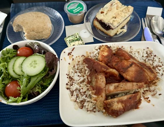 Got the BBQ chicken. I liked it, if I was more hungry I would have devoured it. Sauce has a little spice to it. Not sure it really pairs well with quinoa though? Pretty interesting combo. Salad was nice and bread was warm. Had a bite of the dessert it was ok