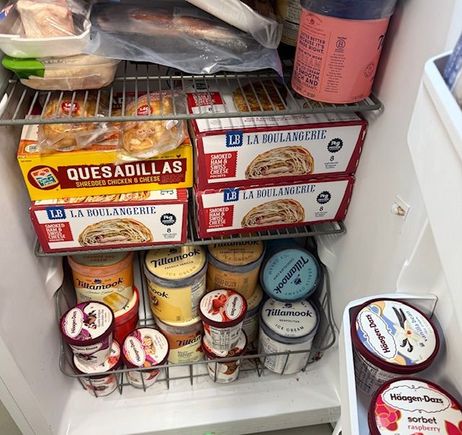 It took a bit of rearranging to make room for our favorite things. Have not tried the quesadillas yet. Those are two more pockets on top of the quesadilla box and there are secedal more loose in the door because there wasn’t room for another box. :)