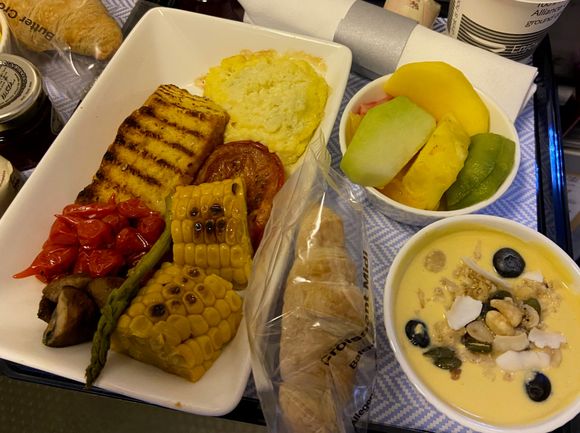Band 3 vegetarian breakfast (cheese cornbread, scrambled egg, roasted tomato, asparagus, piquillo peppers, grilled corn, mushrooms)