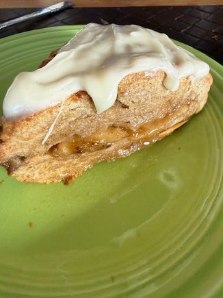 Baked some banana scones I had made a while back and frozen, then added some of the leftover frosting from the cinnamon rolls I made on Sunday. It was a very tasty breakfast dessert. 