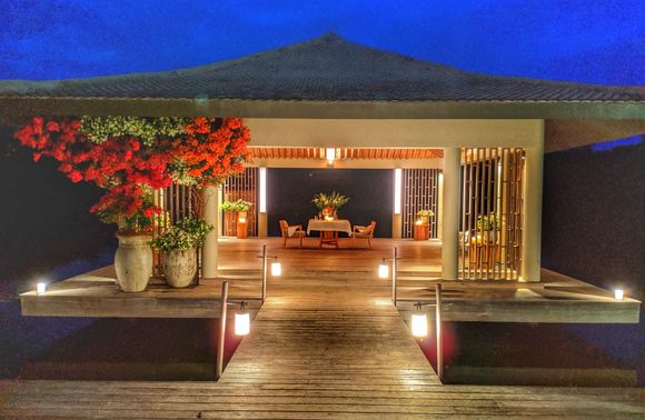 This was the set up of my engagement/proposal dinner at the yoga pavilion. 
The food was a seafood bbq...I think if you do the Rock Studio, you have way more options for food, same with in Villa dining. 