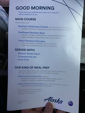 JFK to PDX Breakfast Menu