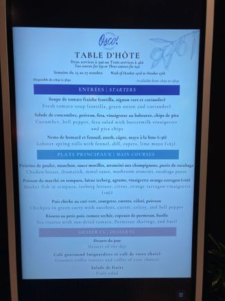 The set menu for dinner