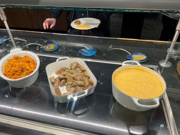 Pimento grits, turkey sausage, and sweet potatoes