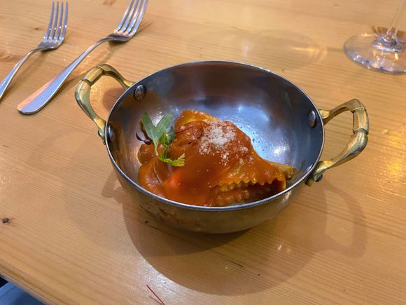Second course was a bit disappointing, well executed but comparatively bland. Raviolo filled with ricotta, with tomato sauce and some special kind of parmigiano.