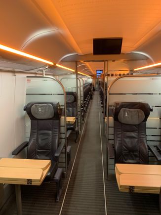 The first class carriage. Typical for an ICE4 with narrow, semi-comfortable seats that are not great for sleeping.
