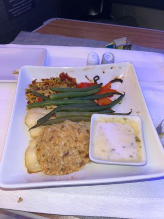 Macadamia crusted sea bass—tasty, but far too much “crust”