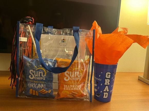 Graduation welcome gift in UVA colors (there was a Charlottesville book in the back of the bag)