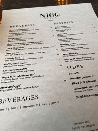 Breakfast menu at Nico. They were “out” of the Duck Thigh Hash.