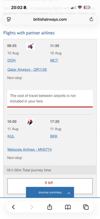 Results show Doha to Muscat then Kuala Lumpur to Bangkok - and an advisory that I need to make my own way between the two 