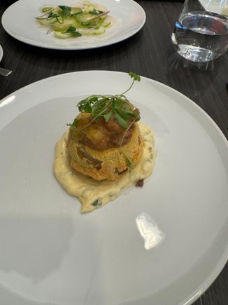 Fried green tomatoes with tartar like sauce and sweet jam; my favorite dish