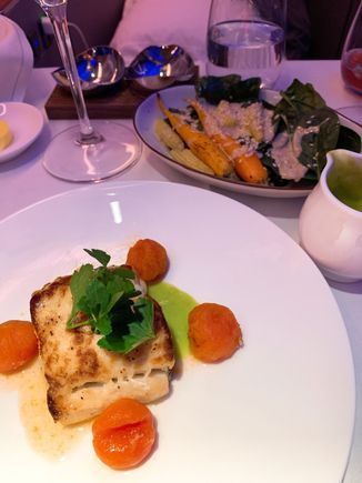 Black cod served with spinach salad. Delicious. (There was 1 other pax in F who had already selected the 1 lentils side that was loaded.)