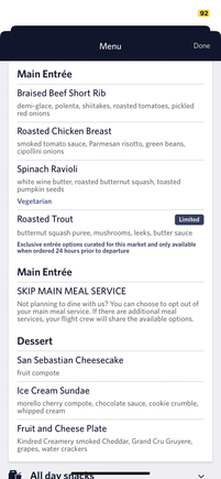 Four main course choices but the fourth still shows “Limited”