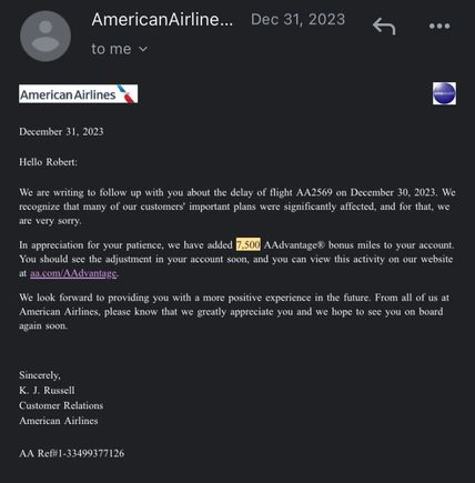 I got this a few days ago for a flight that was delayed by 8 hours… notification provided at about 11pm the night before, so I was lucky to even still be awake to see it. 

7,500 miles for my inconvenience. (What AA does not know is that I was flying to Dallas for a funeral and ended up canceling my AA flight and spending $600 on Southwest to get there on time.) I’m curious if everyone on the flight got this comp, or was it just for those with status?

Point being, sometimes AA does comp. 