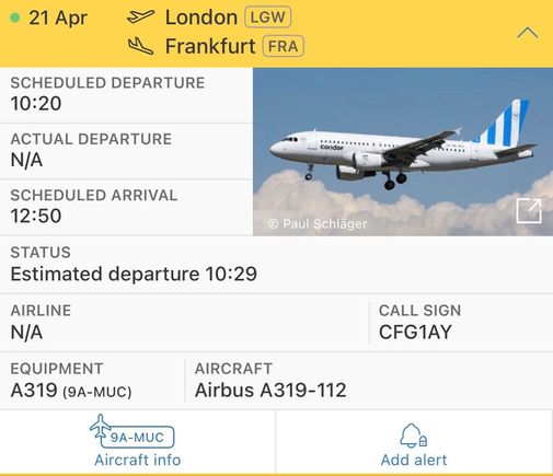 Details of the flight from FlightRadar24