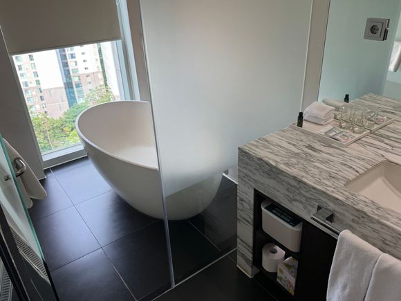 Bathroom, bathtub, and the slippery tiles