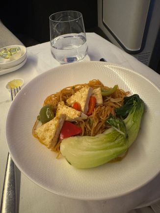 Main warm dish, glass noddles with tofu and veggies